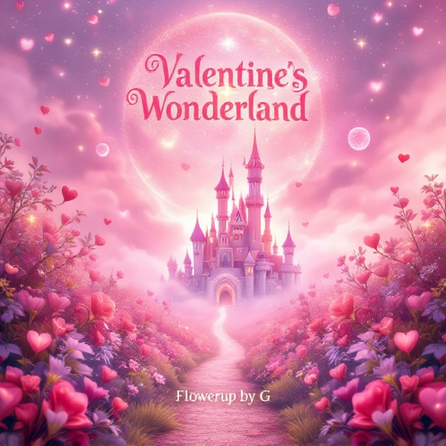 The cover features a fantastical, dreamy meadowscape filled with heart-shaped flowers and swirling mist, all rendered in soft pink gradients and glowing highlights. A central path leads into the distance toward a towering enchanted castle with whimsical, candy-like architecture. Above, a cotton candy-colored sky speckled with glittering stars and two pink moons enhances the surreal wonderland effect.
