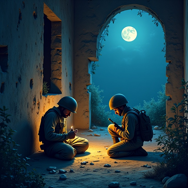 The cover showcases a crumbling, abandoned building overgrown with wild plants at night, illuminated by a sliver of moonlight filtering through cracks in the walls. Inside, two soldiers in rugged uniforms are positioned. One soldier, sitting cross-legged on the dusty floor illuminated by the faint glow of a tiny flashlight, is focused on writing in a weathered journal. His expression carries subtle hope. The second soldier, crouched by the window, has a tense, shadowed face as he grips his rifle tightly, scanning the outside for threats. A dark blueish hue dominates the color palette, giving the scene a somber yet serene atmosphere. Small embers from a recent skirmish lightly glow in the background, adding a sense of danger.