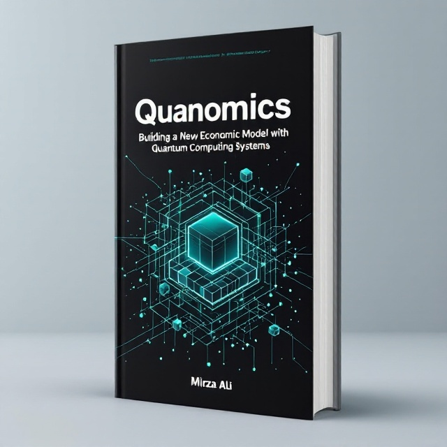 standing book mockup, Its title is "Quanomics:Building a New Economic Model with Quantum Computing Systems". Its author name is Mirza Ali.  A mesmerizing blend of interconnected minimalist dots, lines, and curves forms the imagery of a quantum computer grid, symbolizing complex computing and economic systems. Geometric shapes, such as layered cubes and spheres, hover in asymmetrical yet balanced patterns around the composition. The black background creates depth, while electric blue and fresh green lines intersect in a way that gives a sense of futuristic motion. White dots provide accent points and create an academic and cool visual tone. The title "Quanomics" is in a sleek, modern sans-serif font in bold white letters, giving it prominence and readability. Subtitles and the author's name, "Mirza Ali," are in a thinner font style in blue, maintaining a professional yet approachable vibe. All text aligns centrally., The title is placed at the top, bold and large, drawing immediate attention. Beneath it, the subtitle runs in smaller type with justified text. The author's name appears at the bottom, separated by a clean horizontal line. Background designs flow harmoniously in a circular motion without overpowering the text.