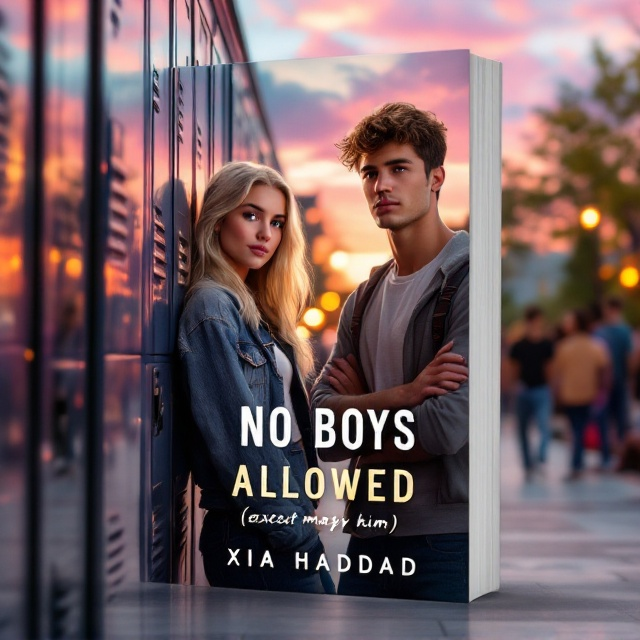 A vibrant yet dramatic high school courtyard scene is depicted in the background during golden hour with a mix of soft pinks, oranges, and purples in the sky. Front and center on the cover is the pretty white blonde teenage girl leaning confidently with one hand against a set of school lockers, her blue eyes popping against her rosy cheeks. Near her, slightly turned to the side but facing her, stands the tanned, tall teen boy, his hazel eyes glancing her way, conveying curiosity and subtle attraction. The body language between them suggests tension and chemistry. Students walking or sitting in the background blur out slightly to keep the focus on the main characters.