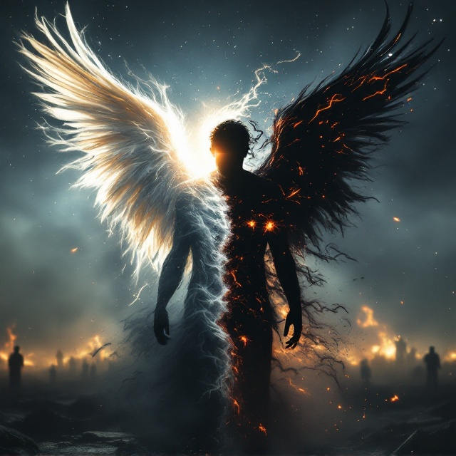 A central figure of a human silhouette, half illuminated by a soft divine light and half engulfed by a dark, shadowy swirl. On the illuminated side, bright angelic wings emerge, while on the shadowed side, menacing, flame-like shadows resemble demonic claws. In the background, a war-torn battlefield transitions into a starry, celestial sky. Faint, ghostly figures of angels and demons clash in combat within the silhouette’s chest area.