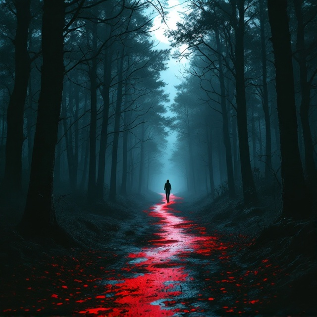 A shadowy, dense forest dominates the background, with tall, gnarled trees reaching up to a gloomy sky. A narrow dirt path winds through the trees, streaked with a vivid, crimson trail of blood that glows eerily in the darkness. Wisps of fog snake around the ground and trees, creating an ominous atmosphere. The moonlight peers faintly through the leaves, casting an unsettling, fragmented light. A distant silhouette of a figure stands further down the bloody path, framed by the faint, ghostly glow of the sky.