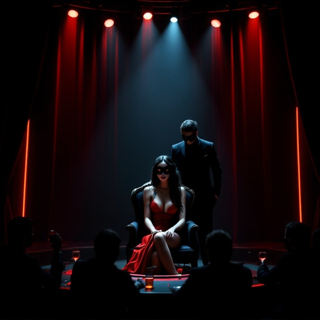 A dimly lit casino stage captures the center of attention, shrouded in deep black and accented with glowing red and neon white lights. A strikingly unreal and mysteriously beautiful young woman sits in the spotlight center-stage on an elegant yet slightly worn chair. She wears a mini red dress, her body marked with faint scars and a tattoo curving around her neck. Her face is obscured by an intricate black lace mask, her cascading black hair blending seamlessly into the dark background. Behind her, slightly out of focus but still visible in the shadows, a man in a sleek black suit and mask leans with a wine glass in hand, exuding an aura of mystery as he gazes at her. Eight silhouetted men sit at casino-style tables in the foreground, arranged in a semi-circle under flickering neon signs, amplifying the drama. The scene is imbued with an emotional, almost melancholic aura, underscored by the balance of glittering light and pervasive darkness.