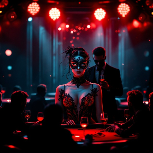 The cover has a central focus on a dimly lit casino stage with a luminous atmosphere. The unreal beauty of the young woman in a striking mini red dress is captured mid-stage, illuminated by glowing red and neon white lights. Her intricate black lace mask creates a sense of enigma. Slight scars and a tattoo curving around her neck add depth to her persona. Behind her in the shadows, a mysterious man in a sleek black suit leans casually with a wine glass, his presence both alluring and unsettling. Eight silhouetted men seated at semi-circular casino tables are positioned in the foreground, their figures barely discernible under flickering neon signs. The black background emphasizes the dramatic contrast with touches of glittering light, evoking dark, hot emotions.