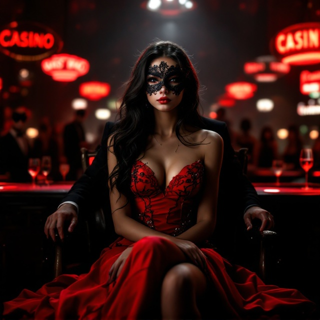 A central focus showcases a young woman in a striking red mini dress illuminated by a dramatic overhead glow that casts subtle shadows around her. She sits on a slightly weathered wooden chair, her face partially obscured by a delicate black lace mask with intricate details. Her flowing black hair merges seamlessly with the shadowy black background, adding depth. Behind her, a masked man in a pristine black suit, holding a wine glass, lingers ominously, his face obscured to heighten the mystery. Surrounding her, eight faint silhouetted figures curve around dimly glowing casino tables with flickering neon red and white lights, creating movement. Flickering, half-visible casino signs loom in the distance, their lights broken by the dark, melancholic tone of the scene. Glitter accents trail off along the edges of the dress and signs to imbue a fantasy-like effect.