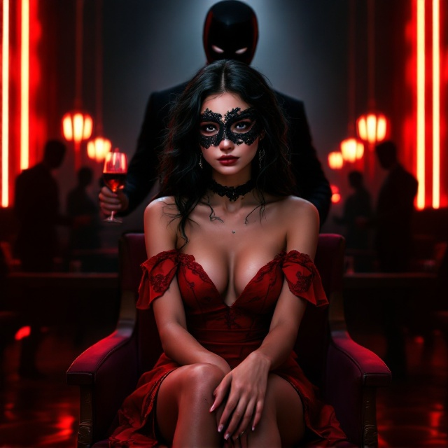 A dark, atmospheric background merges with glittering gradients of red and neon white lights. At the center, a young woman in a vivid red mini dress sits on a slightly worn chair. Her delicate black lace mask partially shadows her face, leaving her sad yet mysterious expression illuminated under a soft spotlight. Her flowing black hair and faint scars are subtly integrated into the shadows, while her neck tattoo catches a glimmer of light. Behind her, silhouetted against the blackness, is a masked man in a sharp black suit holding a wine glass, exuding enigmatic aura. Eight shadowy figures ghost over dimly lit casino tables in a curved arrangement around her. Flickering neon casino signs in hazy motion bring depth and vibrancy, accentuating the interplay of black, red, and white, while adding a sense of movement to the scene.