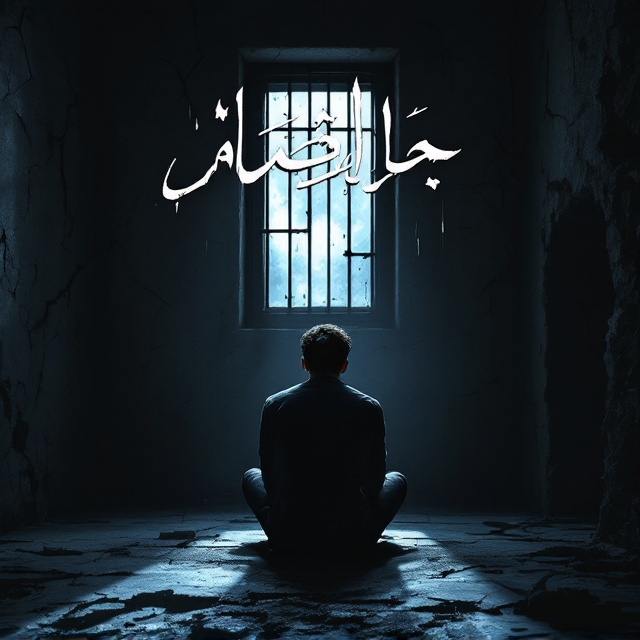 A dark room with cracked and crumbling walls. A single narrow window with metal bars is slightly ajar, letting a beam of cold, silver moonlight pour inside. In the middle of the room, a young man sits on the floor with his back to the viewer, his shoulders hunched, and his silhouette illuminated by the faint moonlight. Shadows dominate the room, almost wrapping around the figure like ghostly tendrils.