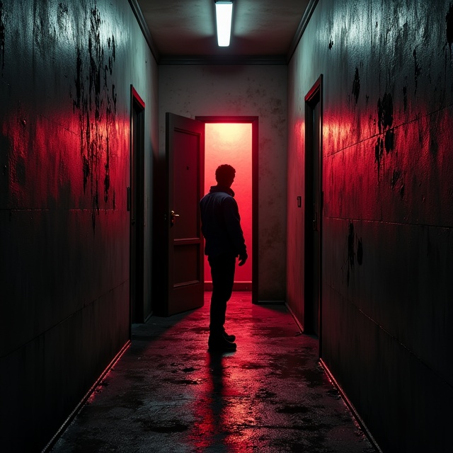 A shadowy and narrow apartment hallway dominates the cover, dimly lit with flickering, aged overhead lighting. The walls are grimy, cracked, and etched with glowing demonic symbols. At the end of the hallway, a door is slightly ajar, emitting an eerie red-orange glow that casts sinister light patterns on the floor and walls. A partially visible silhouette of a man stands frozen in fear in the foreground, his form dimly illuminated by the glow. The atmosphere is textured and oppressive, with dark tones of black, crimson, and deep gray dominating the palette.