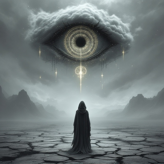 The cover features a girl clad in a tattered, hooded cloak standing in the foreground, her back partially turned as she gazes into the barren wasteland. The desolate terrain stretches infinitely, cracked and lifeless under an ominous gray sky with swirling clouds. Faint, eerie "weird designs," such as intricate, glowing sigils and spirals, hover subtly in the air, blending into the atmosphere. Suspended above, a massive, haunting eye with concentric circles floats, partially hidden among the cloudy haze, its presence mysterious and foreboding. The overall aesthetic exudes unsettling beauty and dark fantasy vibes with muted grays and faint silvery accents dominating the palette.
