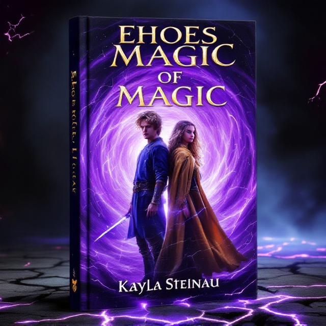 A dramatic scene featuring two twins standing in front of a swirling vortex of glowing, purple magic energy. The swirling vortex dominates the background behind them, with radiant streaks of gold and silver cutting through the purple like arcs of lightning. The boy is depicted with sandy hair and wears a blue tunic with a subtle shimmer. The girl, with blonde hair, dons a golden cloak billowing in the wind. They stand back-to-back, looking determined, with weapons glowing faintly in their hands as if infused by magic. The ground beneath them is cracked and glowing with purple light, hinting at danger and mystery.