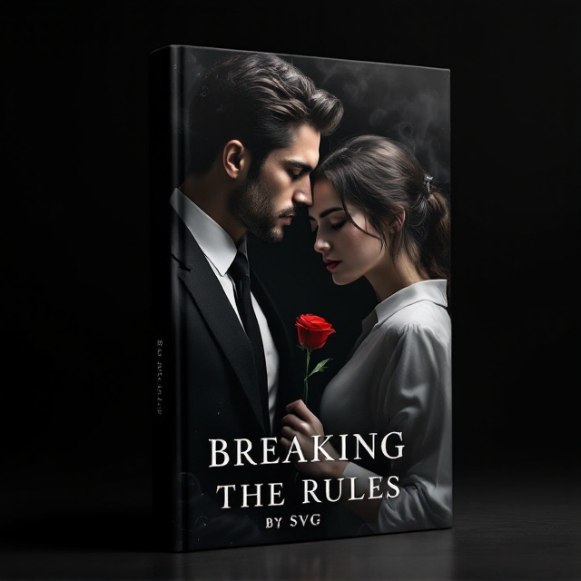 The cover features a two-tone black-and-white palette. A sharp, handsome CEO dressed in a sleek black suit with a loosened tie is positioned on the left, his presence brooding and dominant. On the right, a shy, delicate secretary is slightly tilting her head, clutching a single red rose against her white blouse. Her gaze is filled with a mix of longing and mystery, complimenting the male’s intense stare. A faint, dream-like smoky haze connects the two characters in the background, hinting at a forbidden connection. The title, "Breaking the Rules," is strategically placed in the center, splitting their profiles. The background is deep black, fading into subtle white highlights, giving it an enigmatic and passionate tone.