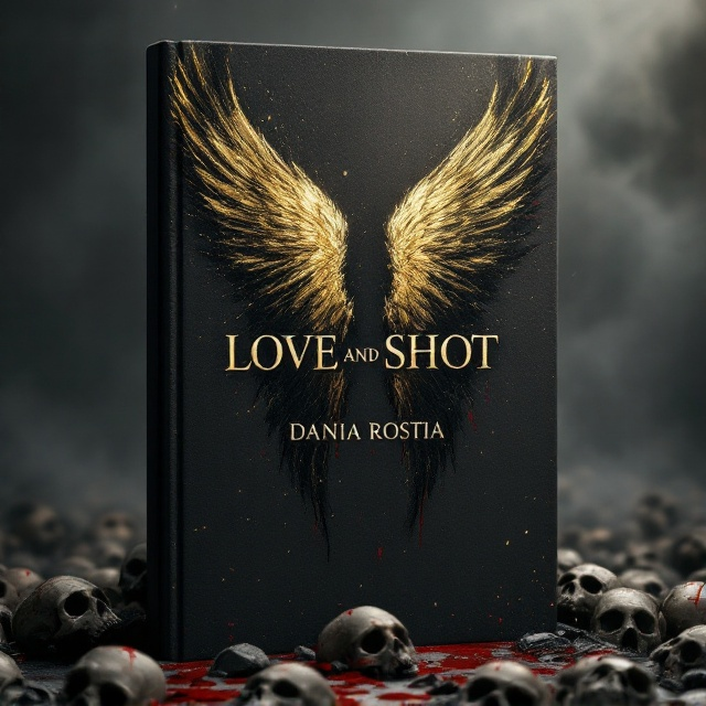 A pair of radiant golden angel wings occupies the center of the cover. Half of the wings are bathed in darkness, transitioning into a jagged blackened form with tiny cracks, specks of blood dripping along the edges, and shards falling away into a sea of skulls below. The background is predominantly deep gray, fading to black at the edges, with a faint mist swirling ominously. Splashes of deep crimson blood splatter across the entire scene, adding to the sense of chaos and emotional suffering.