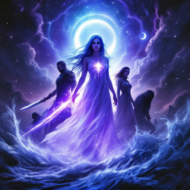 The cover features Isilyn at the center, glowing with ethereal purple light emanating from her glowing eyes beneath the crescent moon. Her white robes, shimmering with celestial symbols, flow in the wind. Zarek stands to her left, wielding his flame-etched sword that casts a fiery glow, while his battle-worn armor reflects the chaos of past battles. Dravena is perched on her right, her hand crackling with raw chaotic magic and glowing runes pulsing along her forearms. Behind them, a swirling cosmic sky of deep indigo dominates, with stars, moons, and storm clouds blending into intense chaos. Shadowy enemy silhouettes blur in the distance, creating a foreboding aura. The bottom third of the cover features wild winds whipping at their feet, emphasizing the tension.