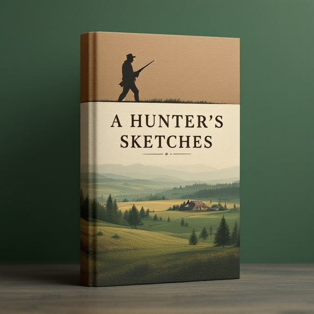 Silhouette of a hunter in mid-stride, holding a rifle, placed at the top within an earthy-brown block. Below, a serene Russian countryside scene with fields, sparse trees, and a distant farmhouse fades into shades of forest green. The central title divides the two blocks, written with a slight curve to mimic the gentle horizon line. Muted, textured gradients create a painterly feel for the background.