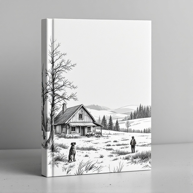 A finely detailed pencil sketch illustrating a rustic cabin situated at the edge of a dense forest. On one side, a solitary hunting dog stands alert, facing toward the unseen wilderness. The background features soft etching-inspired lines portraying rolling fields and distant trees. The scene occupies a vertical half of the cover, leaving ample blank space on the other side for the book title.