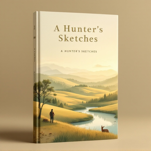 A serene countryside scene with rolling hills that transition into a soft, glowing horizon. Layers of fields and forests are illustrated in warm greens and soft yellows. A river winds gently through the lower portion of the design, reflecting a pastel-hued sky. In the foreground, a small silhouette of a hunter leaning against a tree beside a resting deer adds a subtle narrative without being overpowering.