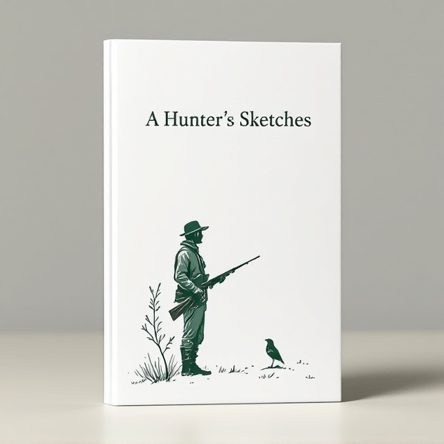 A minimalist design featuring generous white space, with a thin, elegant outline illustration of a hunter holding a rifle, standing beside a small tree, and a bird perched on a branch. The illustration is softly centered with subtle detailing to emphasize quiet contemplation. The palette uses a stark white background, with forest green for the silhouette and charcoal for minor, delicate accents like ground markings.