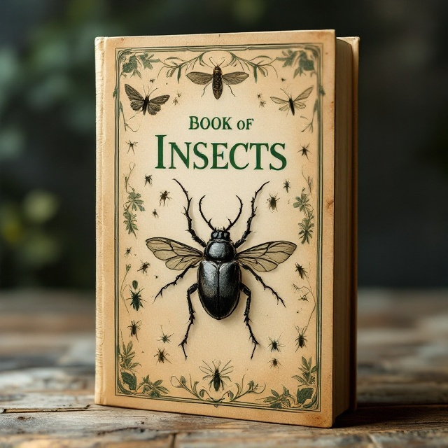 The cover features a 19th-century-style engraving of a beetle prominently displayed in the center, intricately detailed and slightly raised to give a tactile effect. Surrounding the insect are smaller, finely engraved illustrations of various other insects, including moths, dragonflies, and ants, arranged in a delicate symmetrical pattern. The background has an antique parchment texture with subtle, warm sepia tones and faded botanical sketches in green, creating depth and a scholarly aesthetic. Thin ornamental borders frame the design, enhancing its antique character.