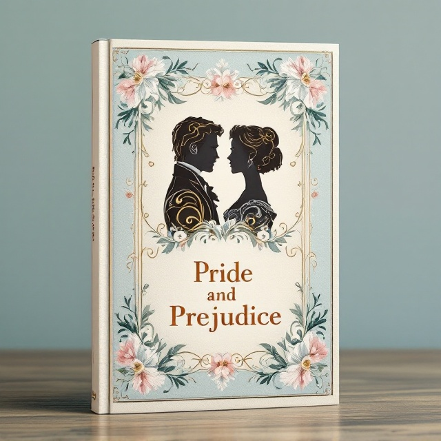 Two intricate, back-to-back silhouettes of a man in a Regency-style suit and a woman in an empire-waist gown, centered at the top. These silhouettes are surrounded by delicate ornamental flourishes designed to evoke the elegance of Regency drawing rooms. The background is a soft pastel gradient—blending dusty blue into cream, with floral motifs subtly overlaid. Gold scrollwork frames the edges of the cover to add an opulent touch.