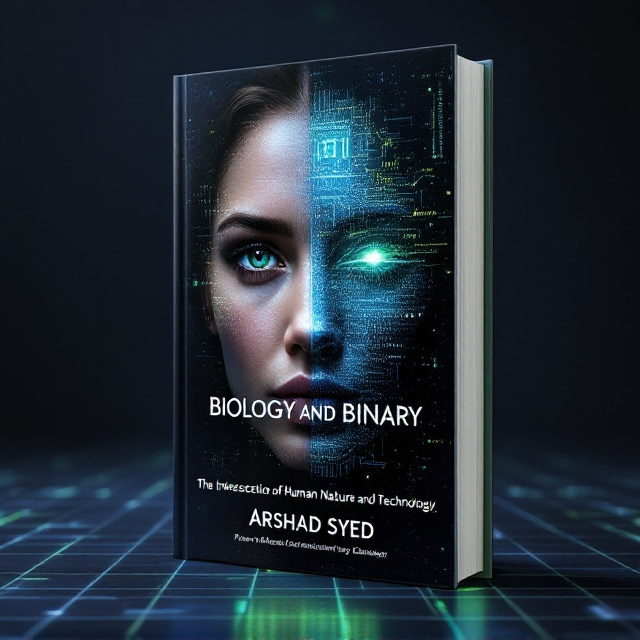 A central image of a half-human, half-digital face, split symmetrically. The left side features organic textures (skin, hair, eyes) in soft, earthy tones, while the right side consists of pixelated binary code, glowing circuit elements, and a futuristic metallic finish. A subtle gradient connects the two halves, symbolizing the merging of biology and technology. The background transitions from a dark, cosmic space to a clean digital grid, drawing the eye to the central visual.