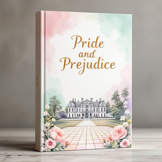 A soft pastel watercolor wash background in shades of pink, lavender, and green creates a dreamy and delicate atmosphere. In the foreground, a finely detailed sketch of a Regency-era estate is placed subtly off-center at the bottom, enhanced with a few blooming florals (roses and daisies), softly blending into the watercolor. The estate grounds feature a faint hint of a dance floor to symbolize Regency-era social gatherings, implying the era and setting.