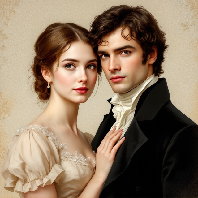 A close-up of Elizabeth Bennet and Mr. Darcy, painted in a classical portrait style. Elizabeth, to the left, slightly turned toward Darcy, with a confident and subtle smirk hinting at her intelligence and wit. She wears a Regency-era gown with delicate lace detailing on the collar and sleeves. Darcy, standing slightly behind and to the right, faces the viewer with a reserved yet composed expression. He is dressed in a black tailcoat with a crisp white cravat. Their gazes do not directly meet but suggest emotional tension. The background is a soft cream color with an elegant, barely visible floral vine pattern running diagonally.