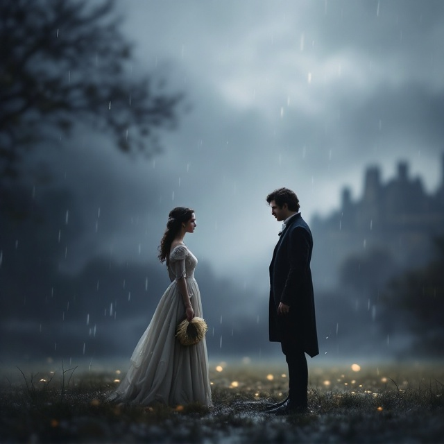 A semi-photographic rendering of Elizabeth Bennet and Mr. Darcy standing at a distance from one another in the midst of soft, falling rain. Elizabeth holds her bonnet loosely in her hand, her expression contemplative but proud, while Darcy looks toward her, his stance both tense and vulnerable. In the background, blurred edges of Pemberley emerge slightly through the mist. The scene is wrapped in tones of deep blues and muted grayish purples, with a slight glow around the characters to emphasize their evolving connection.