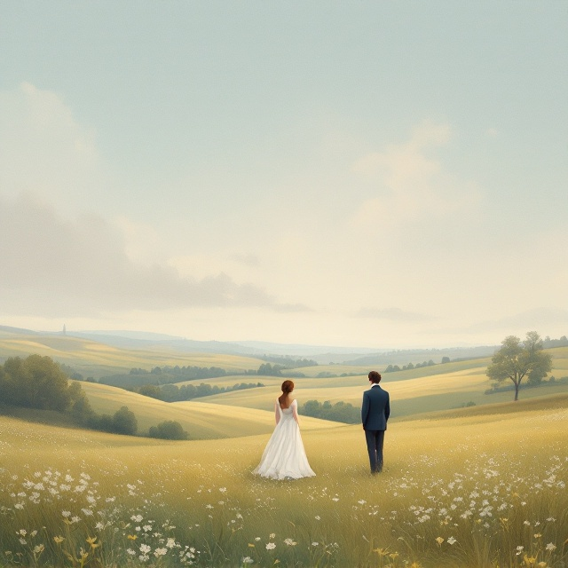 A softly painted expanse of an English countryside under a pale, muted sky with rich tones of soft sky blues and subtle earth colors. The landscape features rolling hills, patches of delicate wildflowers, and distant soft trees. The bottom third of the cover depicts Elizabeth and Darcy, subtly painted with an oil-brush effect, positioned slightly apart yet their stance suggests introspection and connection. Their figures remain minimalistic yet distinguishable, allowing the environment to emphasize their story.