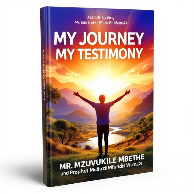 The cover features a vibrant 3D sunrise over a scenic South African landscape featuring rolling hills, a tranquil river, and acacia trees. At the forefront, there is a faint silhouette of a young person standing with arms stretched wide, facing the sunrise, symbolizing surrender to faith and hope. A soft beam of light is streaming from the heavens, illuminating the youth, creating an ethereal connection with God. The design combines vivid, rainbow-like colors to elicit a sense of renewal, positivity, and divine calling.