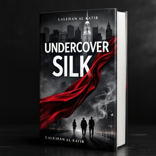 A grayscale city skyline at night dominates the background, with a single blood-red silk scarf blowing in the wind in the foreground, draping over an unseen figure's arm or partially disappearing into the shadows. Faint smoke tendrils and blurred silhouettes of shadowy figures in trench coats are subtly overlayed in the lower third of the cover, hinting at espionage and mystery. The lighting emphasizes sharp contrast between light and dark, with moody noir undertones. The texture of the silk appears vivid and tactile, creating a striking sense of sensuality and danger.
