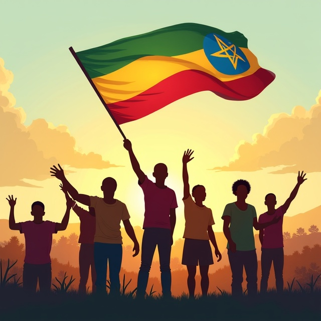 A group of Ethiopian youths, depicted in a semi-realistic, painterly art style, are raising their flags and hands in both unity and peace. The background features a soft gradient sky transitioning from early morning light to midday, symbolizing hope and progress. The Ethiopian flag elements (green, yellow, red) subtly weave into the background. The youths appear lively but perfectly serene, showing peaceful strength and determination.