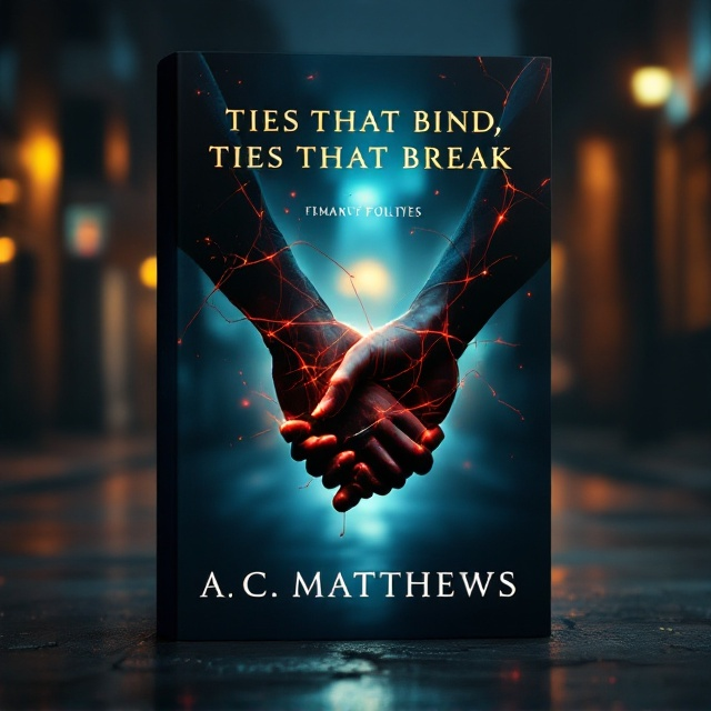 A shadowy, moody urban backdrop with a dimly lit street at night. A pair of interlocked hands (one with a wedding band), central to the design, is faintly illuminated in the foreground, symbolizing fragile ties. A faint silhouette of a detective holding a badge is subtly integrated in the background, adding depth and mystery. Splashes of red thread weave lightly across the composition, suggesting both love and danger.