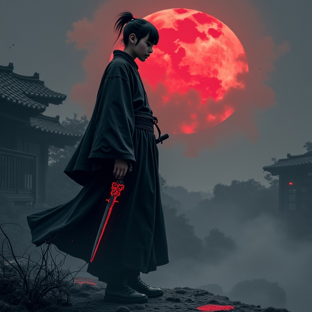 A dark, moody background depicting a dimly lit Chinese village under a shroud of mist. The village is shadowed by a crimson-tinged moon. In the foreground, the 17-year-old Chinese boy stands at an angle, facing slightly toward the reader with his black kimono flowing faintly to reveal hints of red embroidery. His emotionless face is accentuated by the shadows of his high cheekbones. He firmly grips a sword with a red demon-head-shaped mark on its black handle. Red highlights glimmer along the crimson blade, contrasting starkly with the darkness surrounding him. Shadows and faint demonic shapes swirl around his feet to add a supernatural aura.