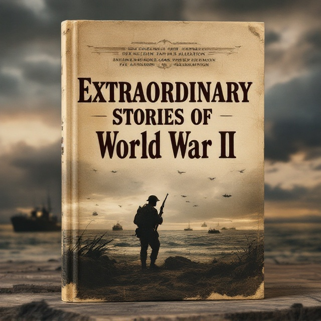 An immersive D-Day World War II scene featuring soldiers storming a beach under a dramatic cloudy sky. A combination of sepia and muted tones prevails, invoking a sense of history and reverence. The focal point is a silhouetted soldier with a rifle in the foreground, creating depth and drama. The ocean waves are subtly textured, leading to ships in the distance and planes overhead. A faint overlay of a tattered map subtly integrates into the background.
