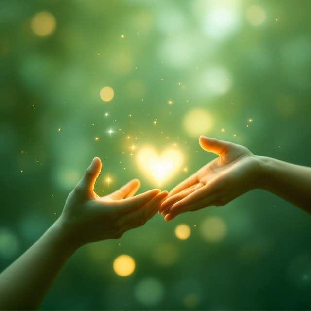 A hazy green background filled with bokeh light effects resembling soft orbs of sparkling light. In the center, two hands reaching out towards each other, barely touching, in soft focus. The hands are delicately adorned with small glowing particles to represent the "trillions" aspect. A gentle heart shape subtly forms where the hands almost meet, blending organically into the background.