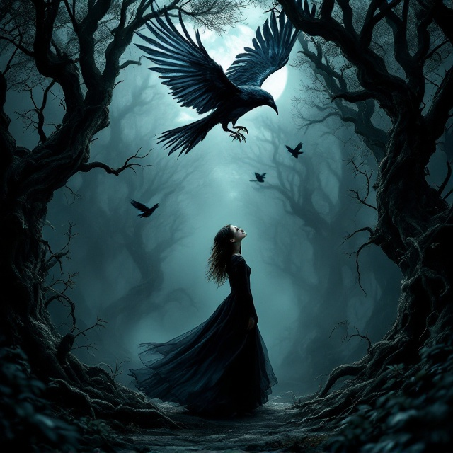 A dark forest dominates the background, with twisted, surreal, and gnarled trees. A teenage girl dressed in a flowing black victorian-inspired dress stands in the center of the cover. She is looking up, her face illuminated by soft moonlight filtering through the forest canopy. Above her, a massive crow with shimmering, slightly otherworldly feathers is captured mid-flight as it lands on a high branch. The atmosphere is swirling with faint mist, and shadowy crow silhouettes fill the edges of the frame, creating depth and intrigue.