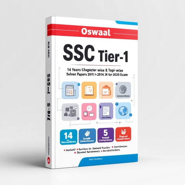 A clean, modern, and structured book cover featuring a predominantly white background with sections of vibrant blue and red, Oswaal's signature colors. At the top, a bold horizontal ribbon in red displays the title, "Oswaal SSC Tier-1." Below it, the subtitle, "14 Years Chapter-wise & Topic-wise Solved Papers 2011 to 2024 for 2025 Exam," is presented in a sleek, readable font in black, surrounded by fine dotted lines in blue for an academic touch. Centered on the cover, there are four mini book cover designs arranged in a grid to represent the four key subjects, each differentiated by icons (like a calculator for Quantitative Aptitude, a brain for General Intelligence and Reasoning, a book for English Comprehension, and a globe for General Awareness) and primary colors. The lower section has five interconnected boxes showcasing highlights (like "14 Years of Solved Papers," "Detailed Solutions," etc.) with simple, definitive icons. The Oswaal Books logo is featured at the bottom center.