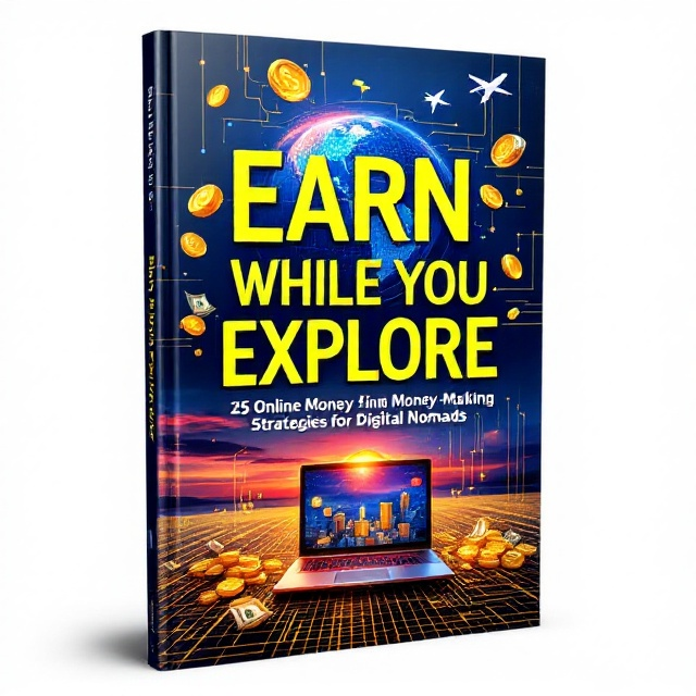 The cover features a vibrant, scenic sunset background blending into a digital matrix grid that overlays the image subtly, representing the fusion of travel and technology. A globe with digital circuits runs through it, representing global connectivity and exploration. Vibrant golden coins and scattered dollar bills create a half-arc over the title. At the bottom, a sleek laptop emits a glow, symbolizing remote work freedom. Airplane trails traverse the top half, adding a sense of adventure.
