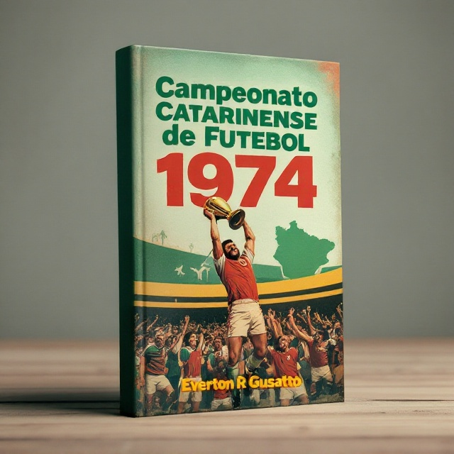 A retro-style football scene with a central illustration of a vintage football player jubilantly lifting a trophy. The player is wearing a classic 1970s football uniform with colors inspired by the flag of Santa Catarina. The background features a faded, textured design with green and red as the dominant colors, representing the state flag, and a subtle outline of Santa Catarina's map in the horizon. Finishing details include a retro filter to emphasize the nostalgic vibe.
