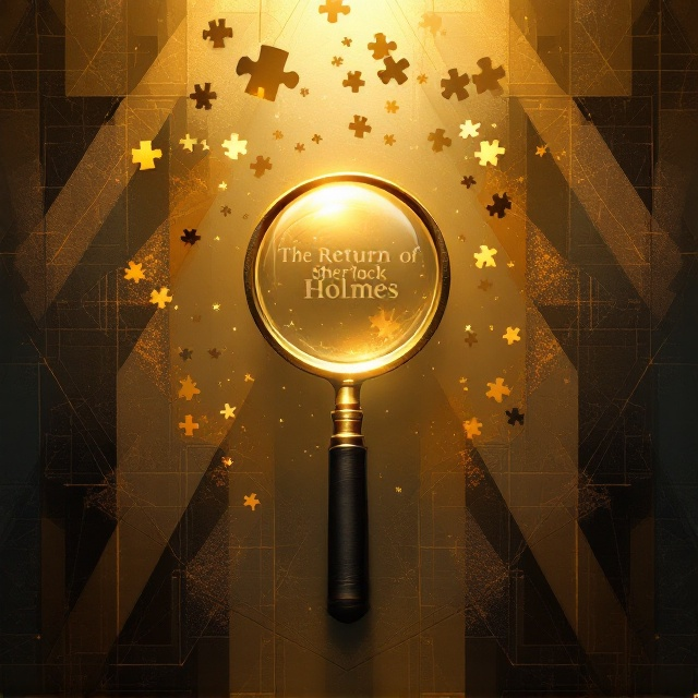 A glowing golden magnifying glass is positioned at the center of the cover, softly radiating light. Around the magnifying glass, fragmented and floating abstract puzzle pieces drift in a radial symmetry, creating a sense of motion and intrigue. Behind this central element, warm, muted tones of amber and burnt sienna blend into shadowy geometric patterns, suggestive of Victorian-era London’s subtle silhouettes. Fine texture detailing—subtle grain and etched linework—adds depth to the abstract background.