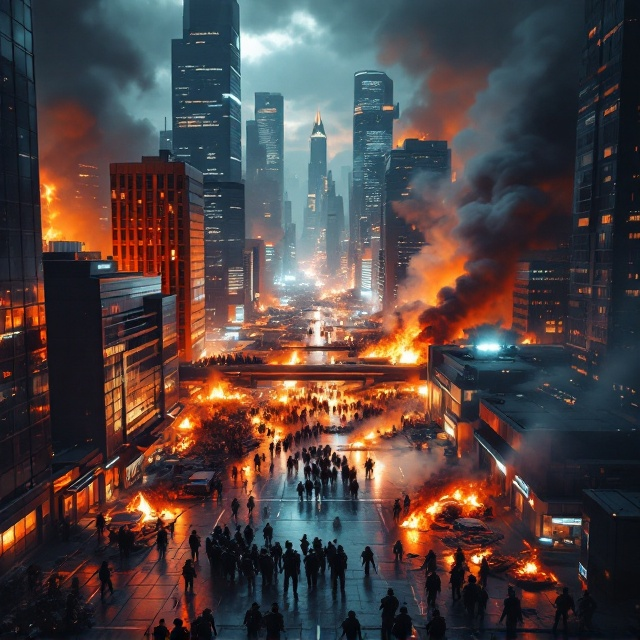 A dramatic high-angle perspective showing a modern cityscape at dusk. The city is sleek with tall glass buildings illuminated by vibrant lights. However, parts of the city are engulfed in chaos plumes of smoke rise from fires on the streets, debris scattered around, and groups of shadowy figures in riotous activity. In the foreground, security forces are forming a defensive line, with their modern riot shields and gear glinting under artificial light. Flames and shadows interplay to create a tense and gripping atmosphere.