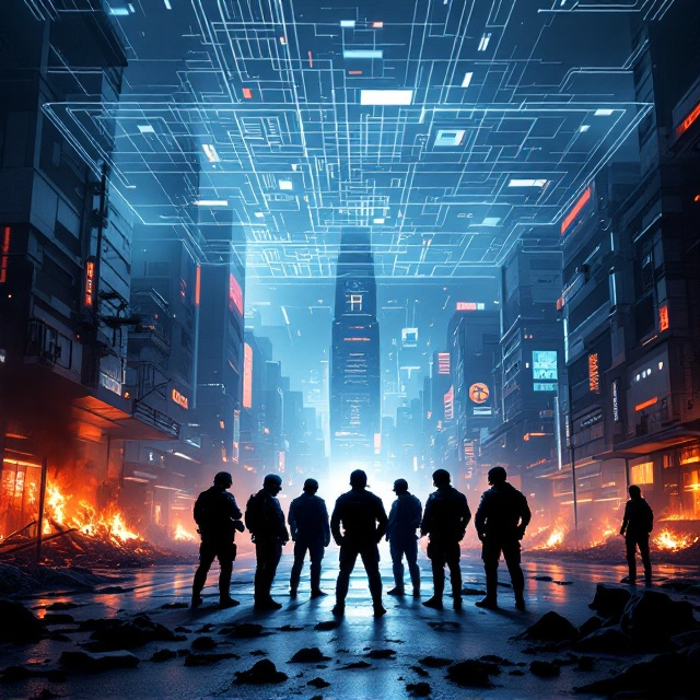 A high-tech urban cityscape illuminated by futuristic neon lights and surrounded by contrasting elements of chaos—burning vehicles, scattered debris, and protestors in silhouettes. Towering overhead, a slightly translucent holographic map or security grid overlays the city, symbolizing advanced counterinsurgency technologies. At the forefront, a team of heavily armored security forces stands resolutely in formation, their presence bringing balance to the turmoil. The color palette uses dark blue and grey with pockets of glowing orange and red to signify rebellion. The mood is tense yet hopeful, suggesting that order can still be restored.