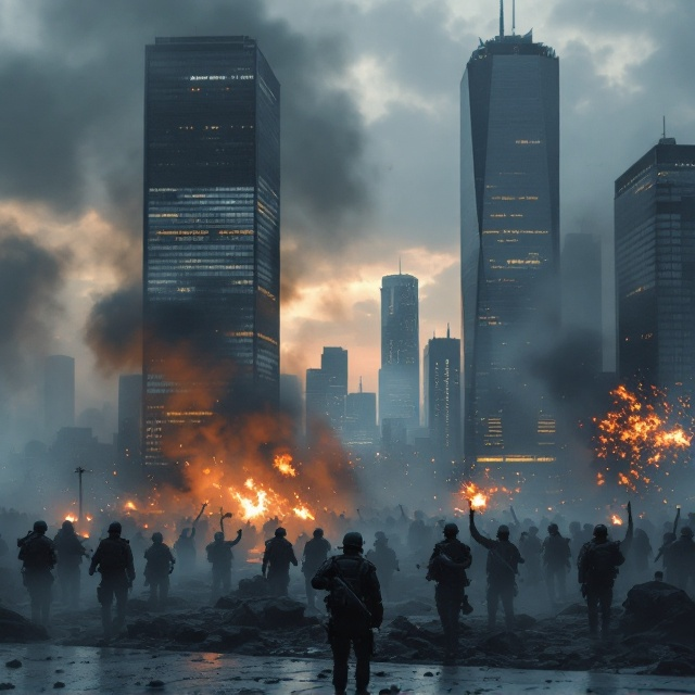 A modern city skyline with sleek steel-and-glass skyscrapers dominated by an atmosphere of unrest. Part of the foreground features a haze of smoke, sporadic flames, and groups of shadowed figures throwing stones. Security forces in tactical gear are seen in formation in the middle ground, creating a sense of controlled intervention. The overall color palette leans toward dark blues, greys, and muted oranges, conveying both order and chaos simultaneously.
