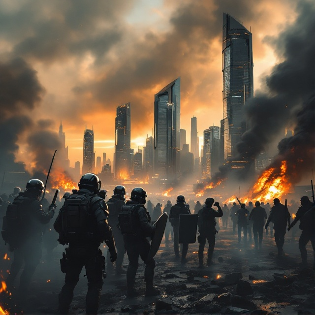 An intense and dramatic scene of a modern, high-tech cityscape in partial chaos occupies the background. Skyscrapers with sleek metal and glass designs rise amidst thick clouds of black smoke, glowing embers, and an orange-tinted sky. In the foreground, a group of riot security forces in tactical gear with shields and helmets form a defensive line, their posture suggesting determination and control. On the other side, vague silhouettes of rioters are seen, holding stones and makeshift weapons, partially obscured by smoke. In a corner, a burst of fire illuminates debris scattered on the ground. The overall color theme alternates between deep grays, fiery oranges, and sharp metallic hues to evoke tension alongside professionalism and authority.