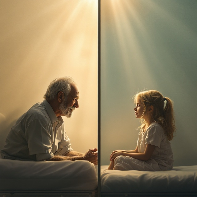 The cover features a soft, muted beige and white hospital wall as the background, subtly textured to evoke nostalgia. The left side depicts an elderly man, with kind, weathered features and brown hair, sitting on a hospital bed, his back leaning against the dividing wall in the center of the cover. On the right side, a small blond-haired girl sits on the opposite side of the wall, her legs drawn close to her chest. Both figures are shown in a shadowy silhouette style, separated by the wall but clearly emotionally connected. Gleaming, gentle rays of light streak from above, illuminating both their heads with a hopeful glow.