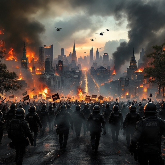 A large sprawling cityscape sits under a dark, smoky sky, depicting a late-evening scenario. The scene is dominated by both burning buildings in the background and groups of protesters in the foreground holding banners and yelling slogans. In the mid-ground, a line of riot officers in black uniforms with helmets and shields is advancing, their uniforms clearly displaying the word “Army” in bold white text. Military helicopters hover above, their lights cutting through the ominous smoke. Flames and smoke rise from certain sections of the city, emphasizing chaos. A cold, steel-gray tint dominates the overall color palette with bursts of red and orange from fire.