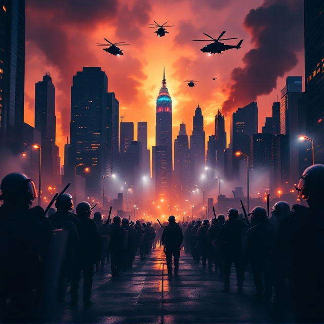 The cover features a dystopian cityscape at dusk; the skyline of towering skyscrapers is tinged with fiery oranges and dark purples. In the foreground, close-up silhouettes of riot police with shields and batons stand in a defensive line against a blurred, chaotic crowd of civilians in the background. Military helicopters hover ominously in the smoky sky, with spotlights piercing through. The mood transitions subtly toward calm in the lower portion with a faint glow of streetlights symbolizing resolution.