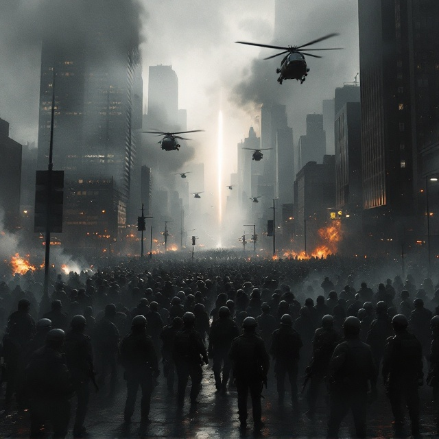 standing book mockup, Its title is "Theory and theoretical foundations of insurgency and counterinsurgency in security organizations". Its author name is Theory and theoretical foundations of insurgency and counterinsurgency in securi.  A panoramic setting of a sprawling dystopian cityscape engulfed in shadows. The foreground displays a tense riot scene with blurry silhouettes of rebellious crowd members confronting heavily armed police officers in riot gear. Above, military helicopters hover dramatically, with their searchlights cutting through the smoky sky. The background fades into towering skyscrapers painted in muted and desaturated tones, symbolizing suppressed chaos. The color palette includes deep grays, shadowy blacks, and flashes of vibrant reds and oranges for fire and siren effects. A subtle beam of light in the distance hints at eventual calm and resolution. Bold, uppercase sans-serif font for the title, in metallic silver, placed across the top of the cover. The subtitle (abridged) appears directly below in smaller font size and gold lettering with a sharp, futuristic italic style. The author's name is placed at the bottom in a clean, condensed sans-serif in a steel-blue hue., The title dominates the upper third of the cover. The riot and cityscape imagery occupy the central space, creating a dynamic tension between human elements and the urban environment. The author's name anchors the layout at the base, with additional space left for a subheading or tagline, running horizontally along the midline of the cover to balance the composition.