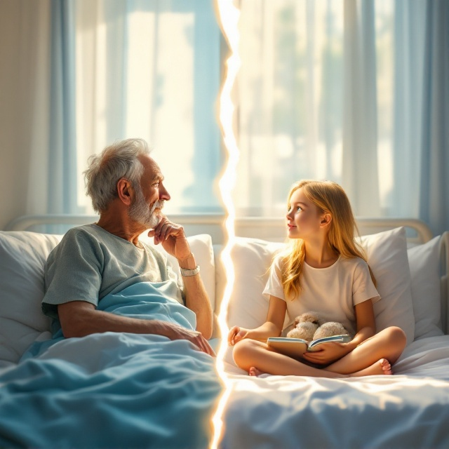 The cover features two separate hospital rooms divided by a soft, jagged vertical line resembling a crack or a wall, at the center of the page. On the left side, an elderly man with chestnut-colored hair streaked with gray sits solemnly in a hospital bed. The warm beams of sunlight cast through the window behind him, signifying bittersweet memories. On the right side, a bright-eyed blonde girl with vivid green eyes sits cross-legged on her hospital bed, surrounded by small, personalized details like books and a stuffed animal. Both are shown with their backs pressed against the "wall," yet their gazes seem to gravitate in each other's direction. The background is rendered in gentle beige and pastel blue hues, with subtle white highlights softly illuminating both rooms.