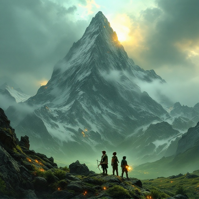 A towering mountain range occupies the background, bathed in hues of misty green and silver. At the top of the tallest peak, a majestic dragon with ash-gray scales and glowing amber eyes perches, looking down over the scene. The dragon’s wings are partially open, blending into the smoky clouds, suggesting both power and mystery. At the forefront, three teenagers—Elara, Finn, and Rhys—stand side by side on a rocky ridge, each in a distinct brave pose. Elara holds a bow, her determined gaze fixed on the horizon; Finn, clutching a detailed map, exhales visible frost from his breath; and Rhys, holding a glowing shard-like relic, stands within fiery embers flickering at his feet. The lush green of the valley stretches out below, interwoven with the subtle silhouette of ancient dragon markings etched into the earth.